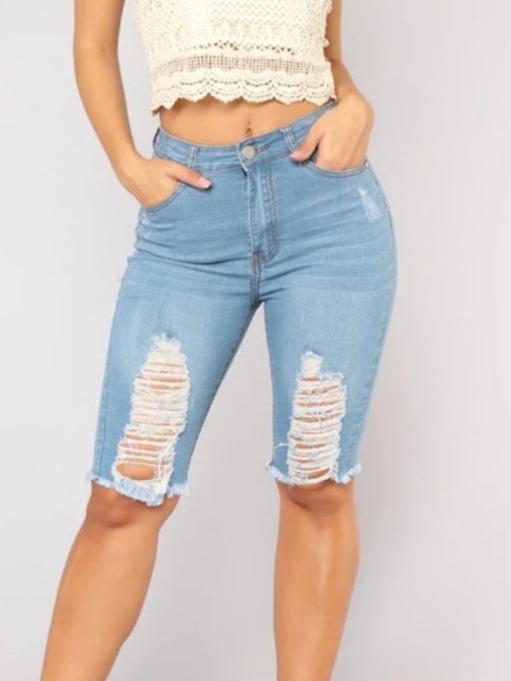 Fashion Nova Bermuda Shorts Denim Blue Distressed Ripped High Waisted New Tag 11